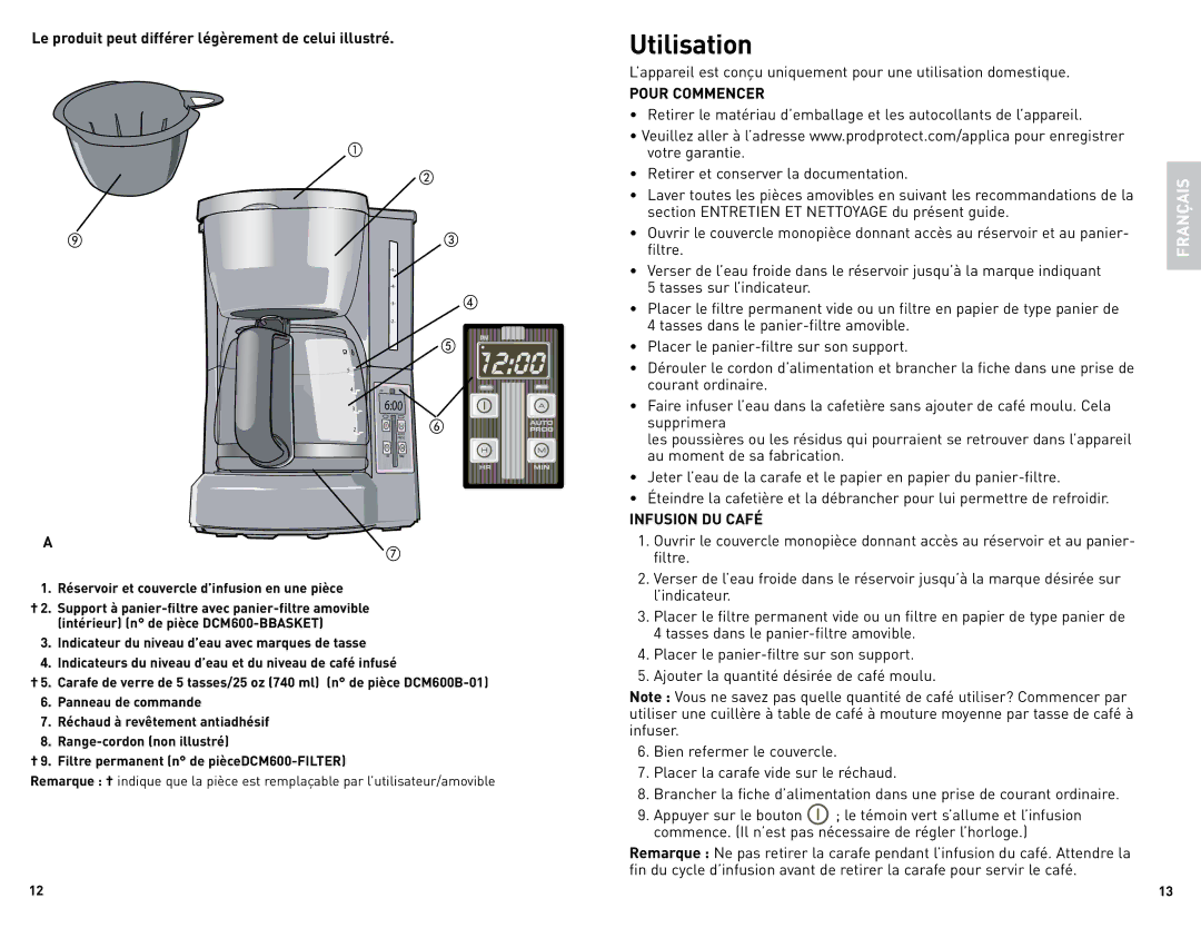 Black & Decker DCM675BFC manual Utilisation, Le produit peut différer légèrement de celui illustré, Pour Commencer 