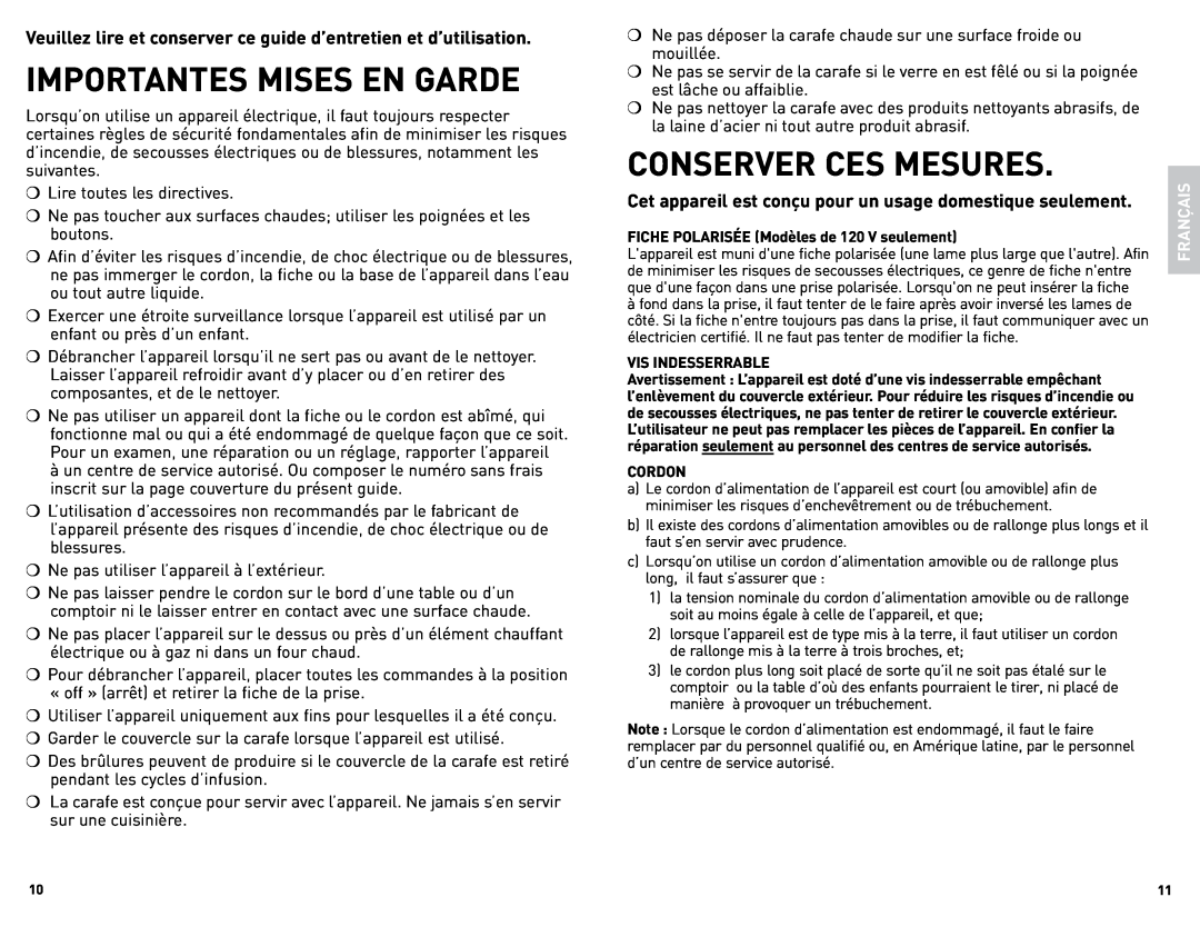 Black & Decker DCM675BFC manual Importantes Mises En Garde, Conserver Ces Mesures, Français 