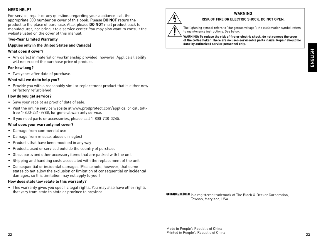 Black & Decker DCM680BF manual Need HELP?, Risk of Fire or Electric SHOCK. do not Open 