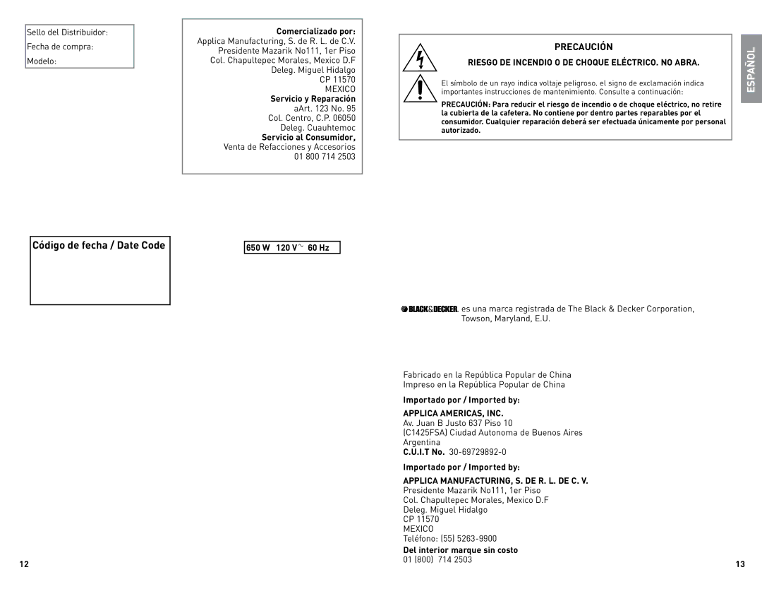 Black & Decker DCM680BF Precaución, Código de fecha / Date Code, Riesgo DE Incendio O DE Choque ELÉCTRICO. no Abra, Mexico 