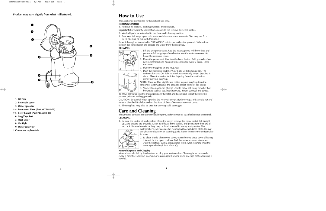 Black & Decker DCM7 manual How to Use, Care and Cleaning, Product may vary slightly from what is illustrated 