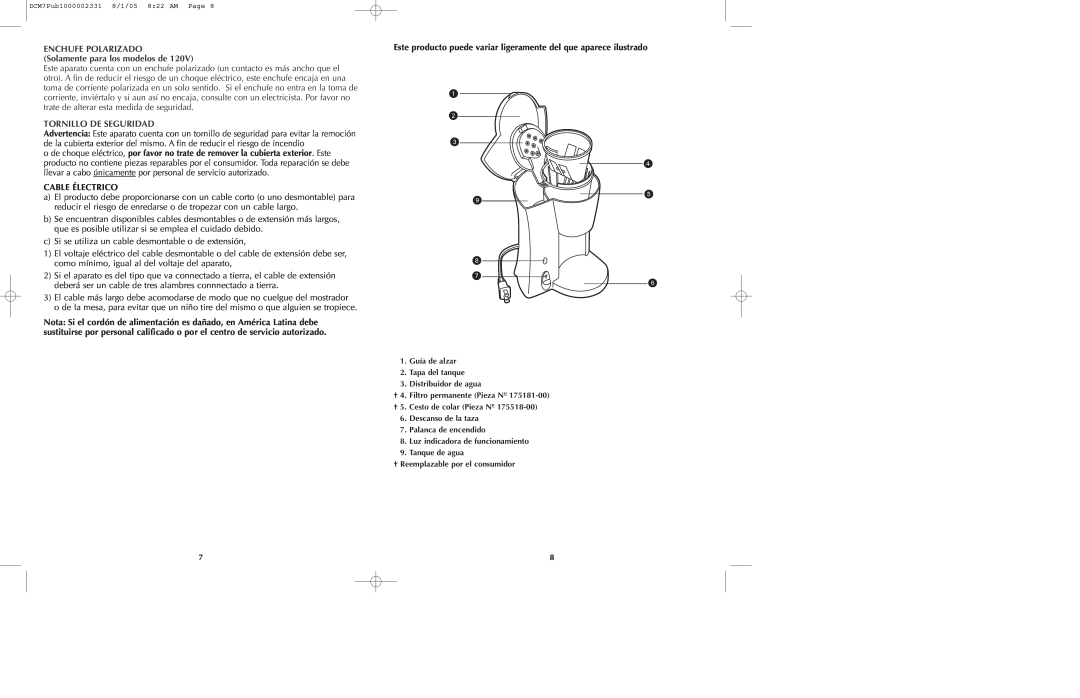 Black & Decker DCM7 manual ENCHUFE POLARIZADO Solamente para los modelos de, Tornillo De Seguridad, Cable Électrico 