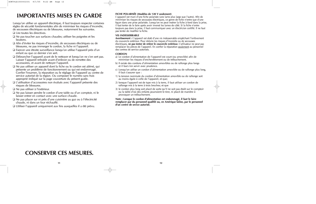 Black & Decker DCM7 manual Importantes Mises En Garde, Conserver Ces Mesures 
