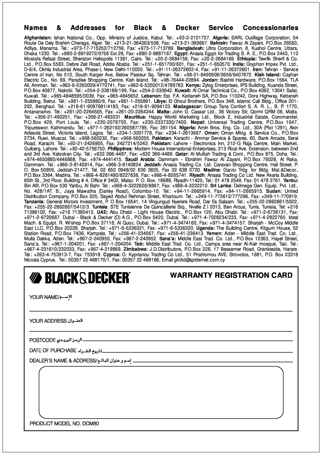 Black & Decker DCM80 manual Warranty Registration Card, Names & Addresses for Black & Decker Service Concessionaries 
