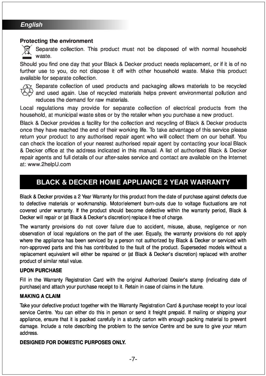 Black & Decker DCM80 manual BLACK & DECKER HOME APPLIANCE 2 YEAR WARRANTY, English, Protecting the environment 