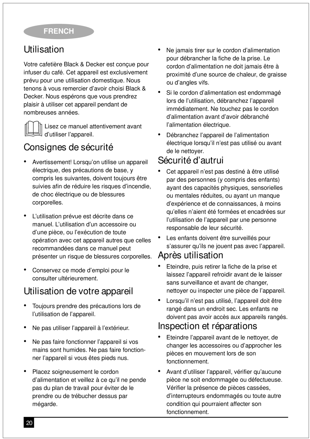 Black & Decker DCM90 manual Consignes de sécurité, Utilisation de votre appareil, Sécurité d’autrui, Après utilisation 