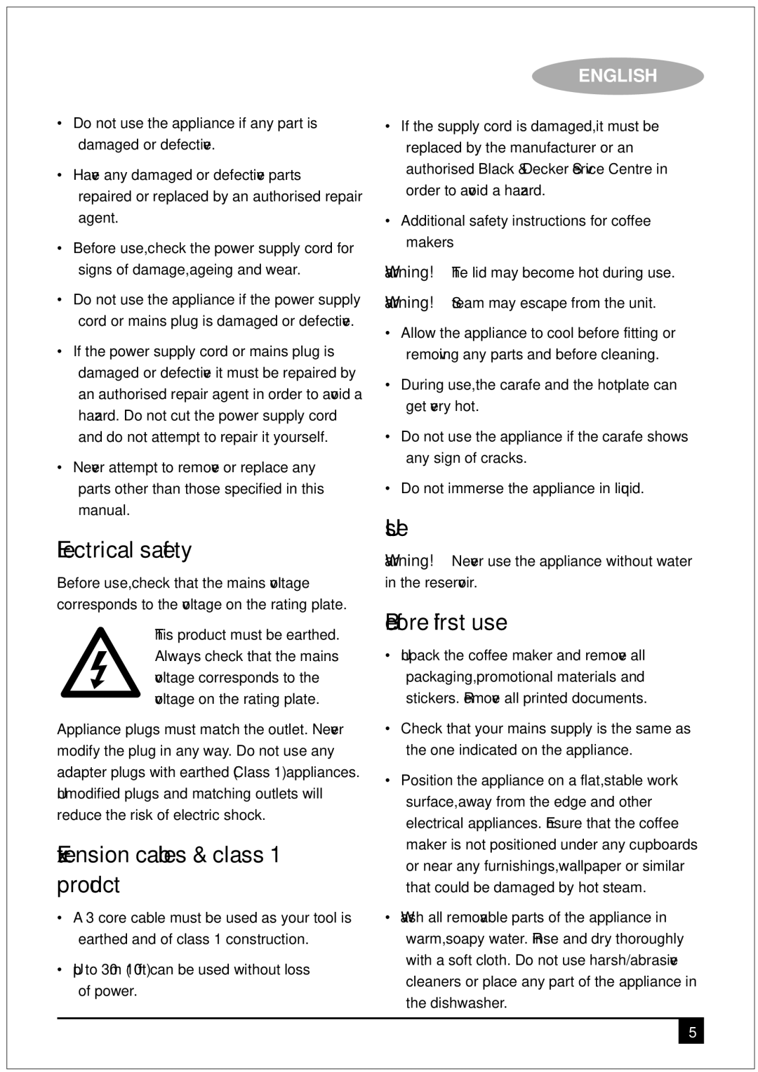 Black & Decker DCM90 manual Electrical safety, Extension cables & class 1 product, Use Before first use 