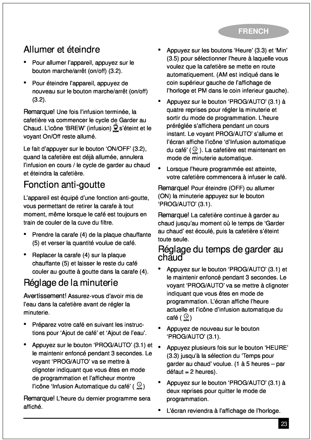 Black & Decker DCM90 manual Allumer et éteindre, Fonction anti-goutte, Réglage de la minuterie, French 