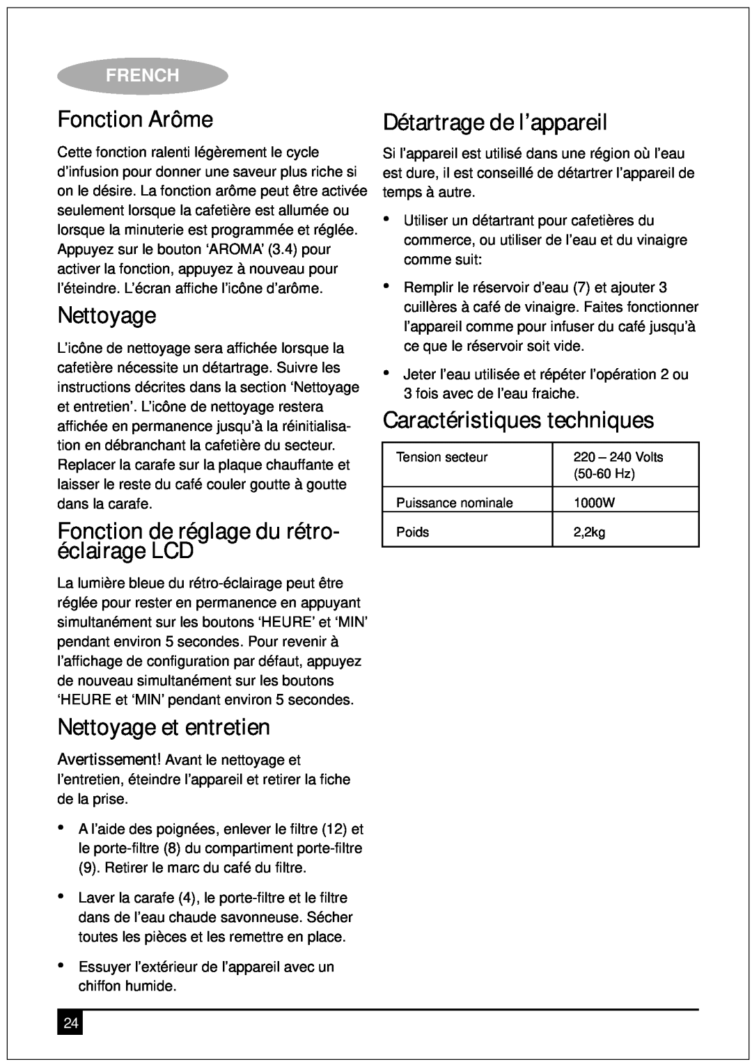 Black & Decker DCM90 manual Fonction Arôme, Fonction de réglage du rétro- éclairage LCD, Nettoyage et entretien, French 