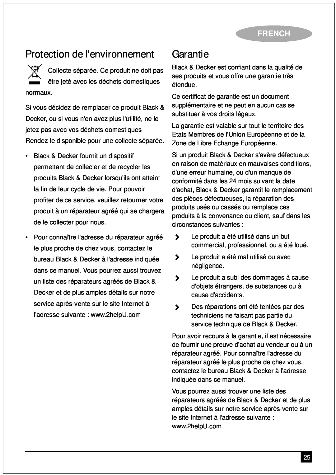 Black & Decker DCM90 manual Garantie, Protection de lenvironnement, French 