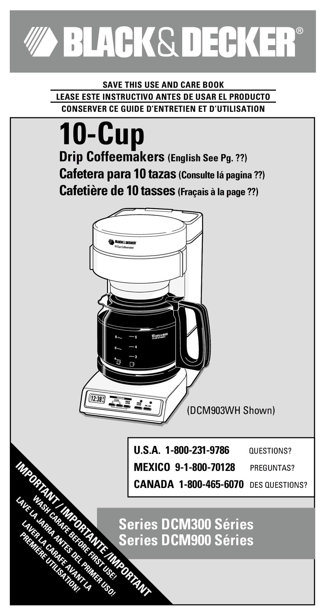 Black & Decker DCM300 Sries, DCM900 Sries manual 10-Cup, DCM903WH Shown 