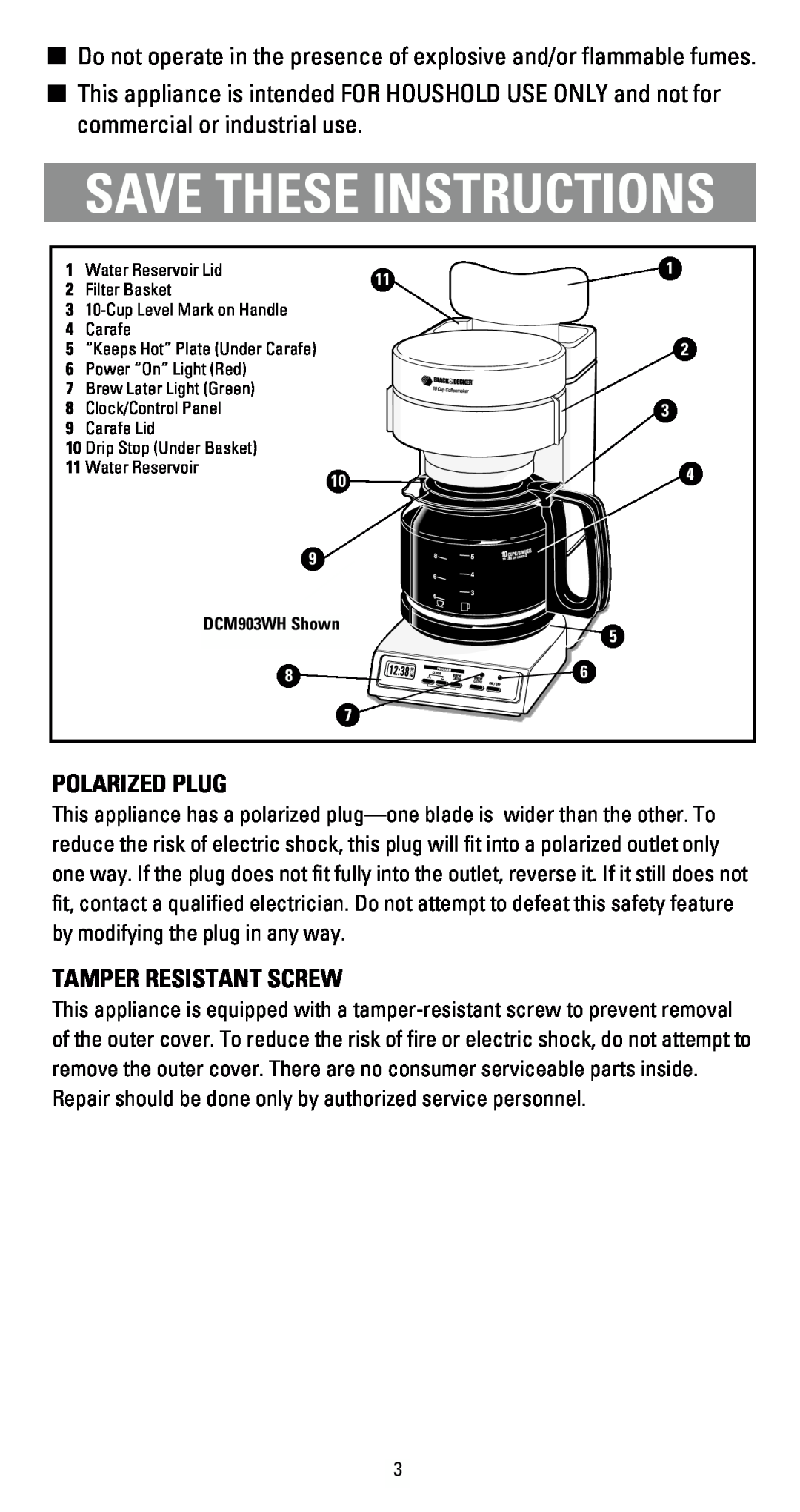 Black & Decker DCM300 Sries, DCM900 Sries manual Save These Instructions, Polarized Plug, Tamper Resistant Screw 
