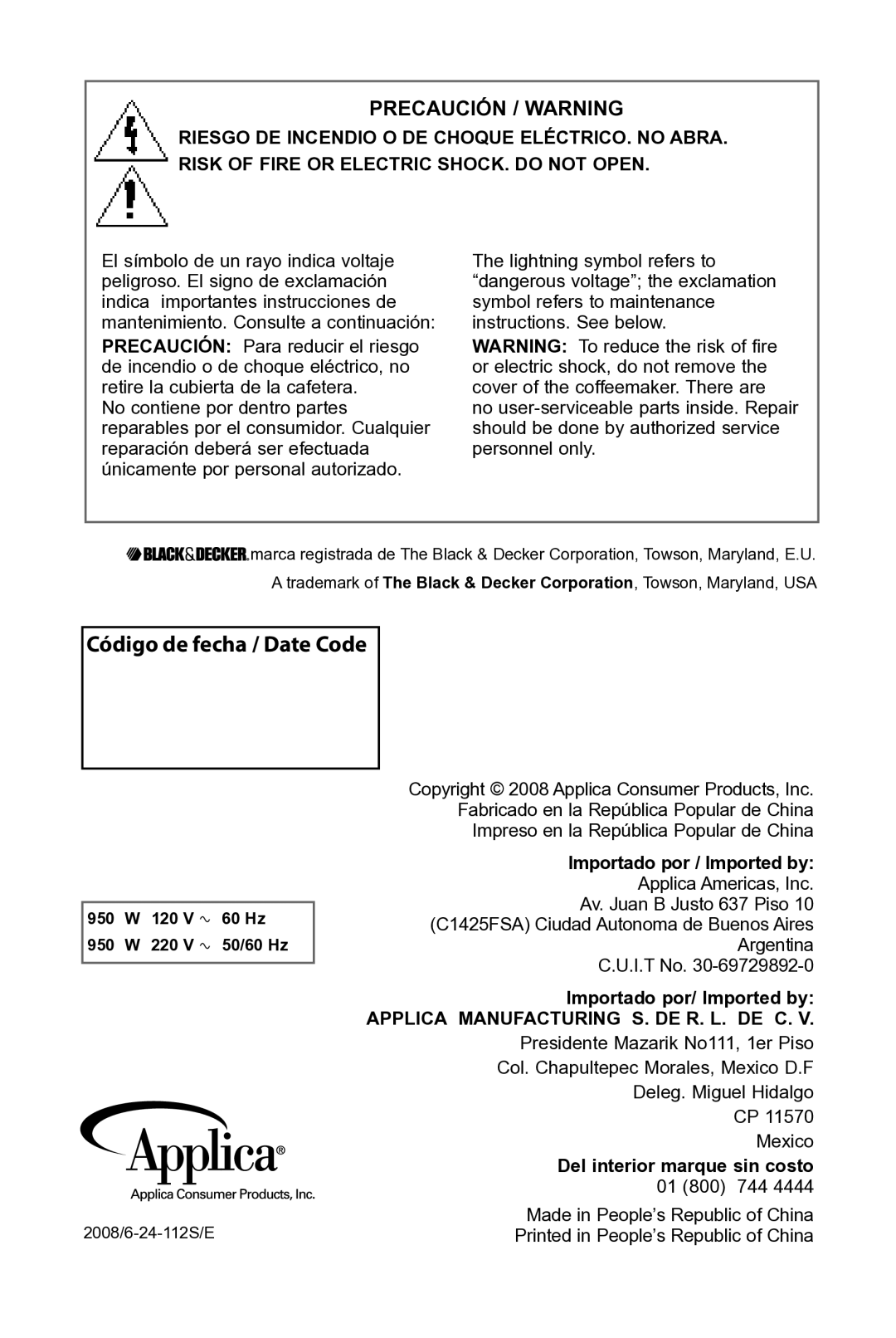 Black & Decker DCM901BKT manual Código de fecha / Date Code, Precaución / Warning 