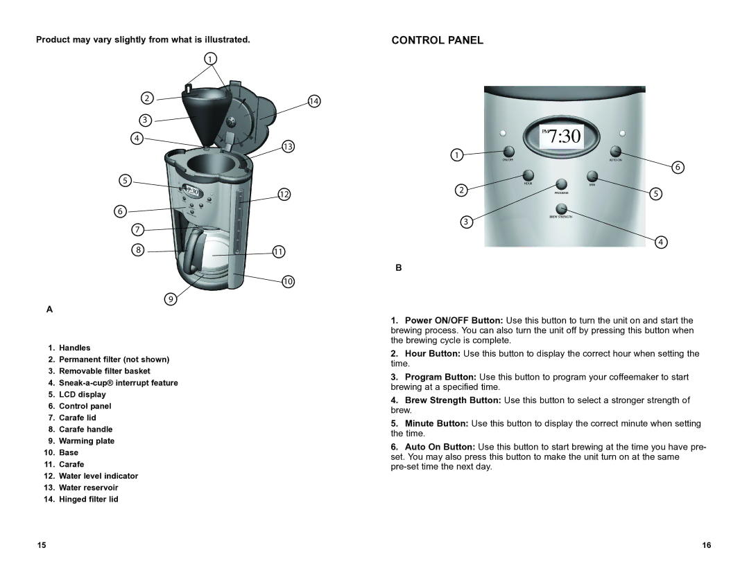 Black & Decker DCM901BKT manual Control Panel, Product may vary slightly from what is illustrated 