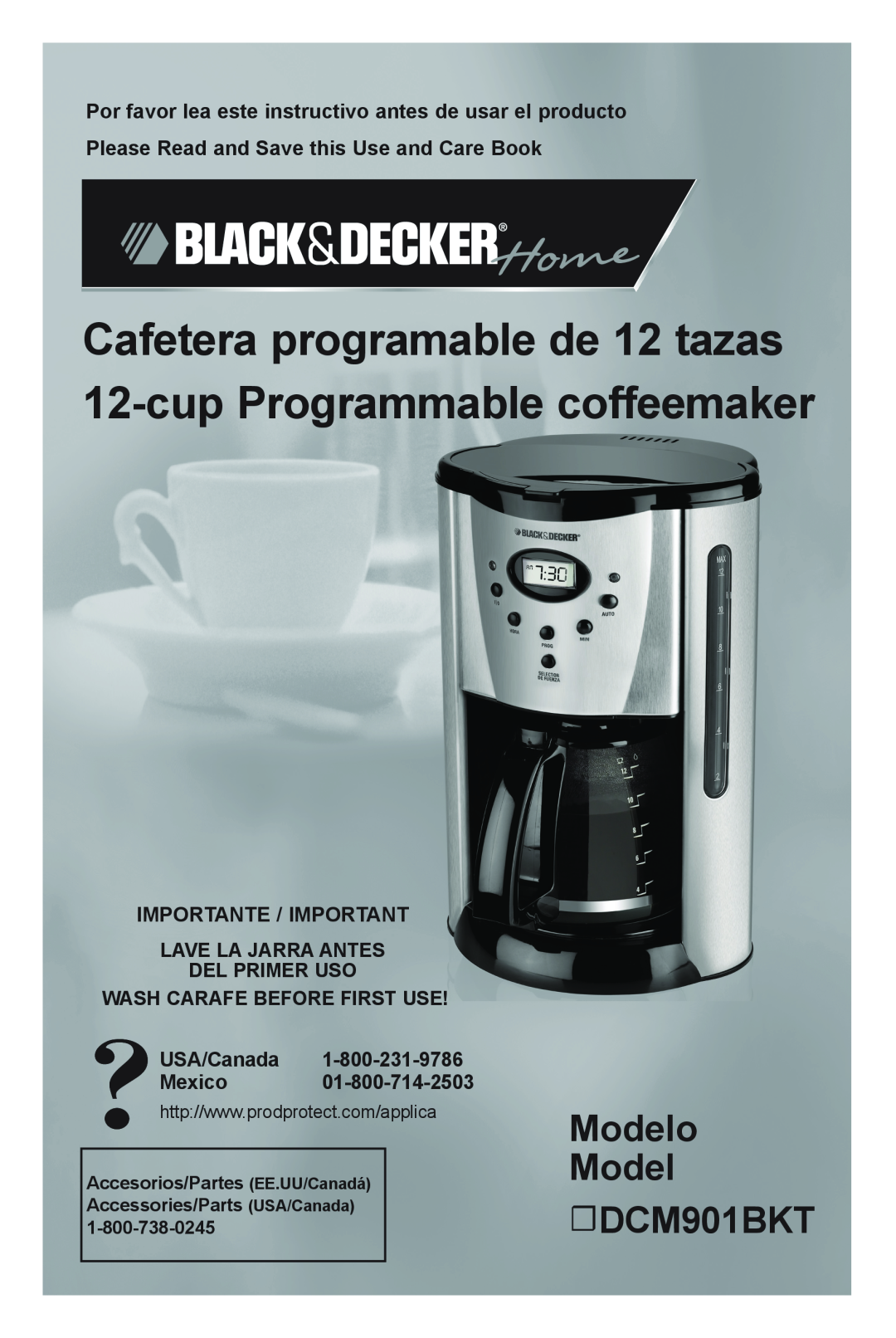 Black & Decker manual Modelo Model DCM901BKT, Cafetera programable de 12 tazas 12-cup Programmable coffeemaker 