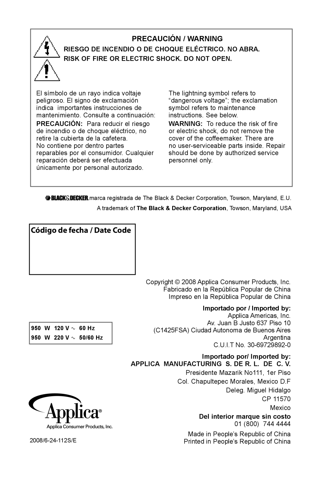 Black & Decker DCM901BKT manual Código de fecha / Date Code, Precaución / Warning, Importado por / Imported by 