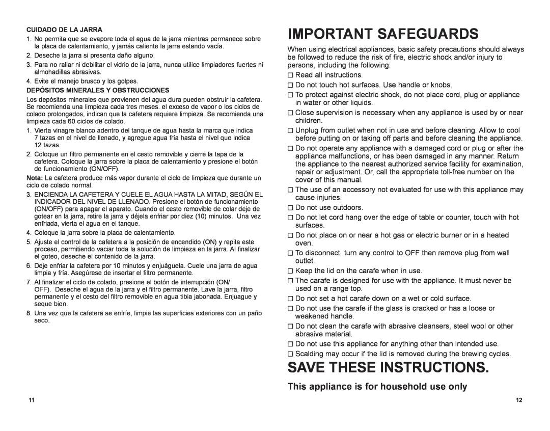 Black & Decker DCM901BKT manual Important Safeguards, Save These Instructions, This appliance is for household use only 