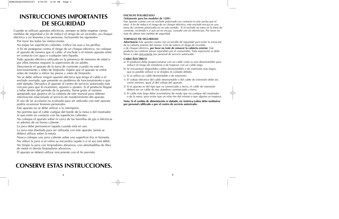 Black & Decker DCM90M manual Instrucciones Importantes DE Seguridad, Cable Électrico 