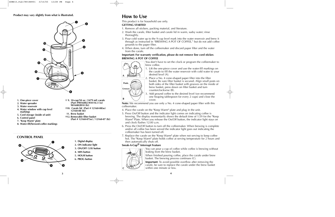 Black & Decker DCME10B manual How to Use, Control Panel, Getting Started, Brewing a POT of Coffee 