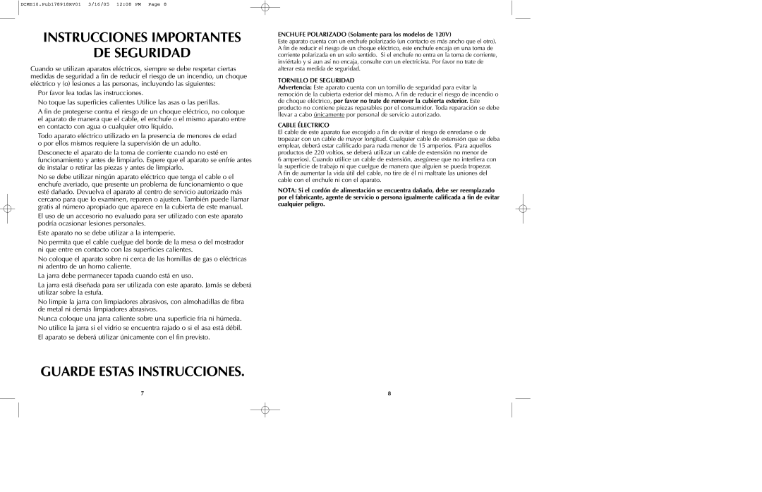 Black & Decker DCME10B manual Instrucciones Importantes DE Seguridad, Guarde Estas Instrucciones, Cable Électrico 