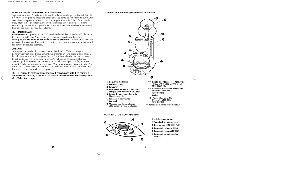 Black & Decker DCME10B manual Panneau DE Commande, Fiche Polarisée Modèles de 120 V seulement, VIS Indesserrable, Cordon 