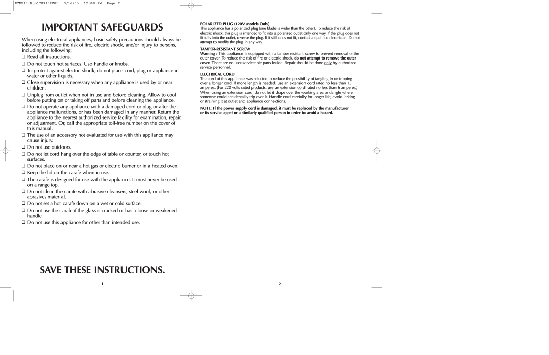 Black & Decker DCME10B manual Important Safeguards, Save These Instructions 