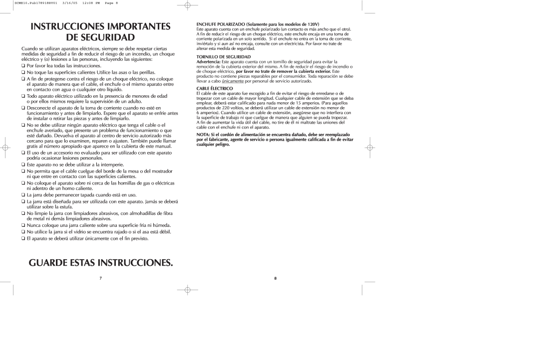 Black & Decker DCME10B manual Instrucciones Importantes De Seguridad, Guarde Estas Instrucciones 
