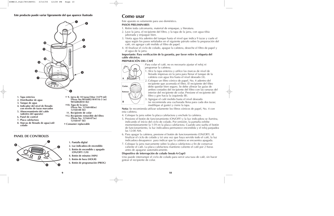Black & Decker DCME10 Como usar, Panel De Controles, Este producto puede variar ligeramente del que aparece ilustrado 