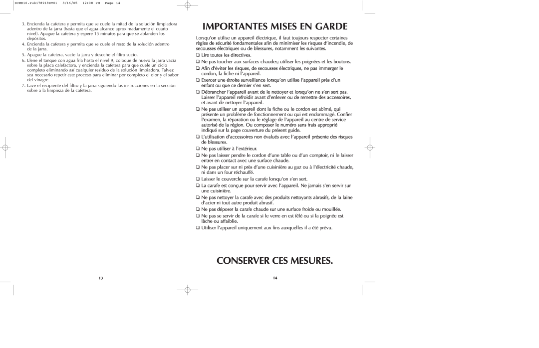 Black & Decker DCME10B manual Importantes Mises En Garde, Conserver Ces Mesures 