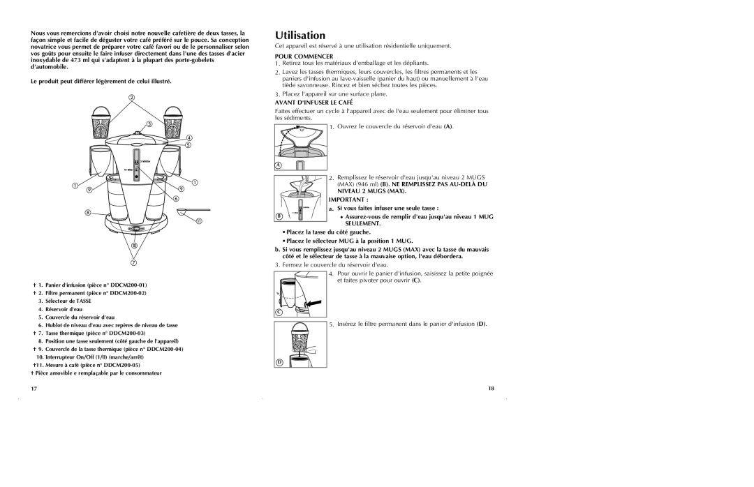 Black & Decker DDCM200 manual Utilisation, Pour Commencer, Avant Dinfuser LE Café, Niveau 2 Mugs MAX 