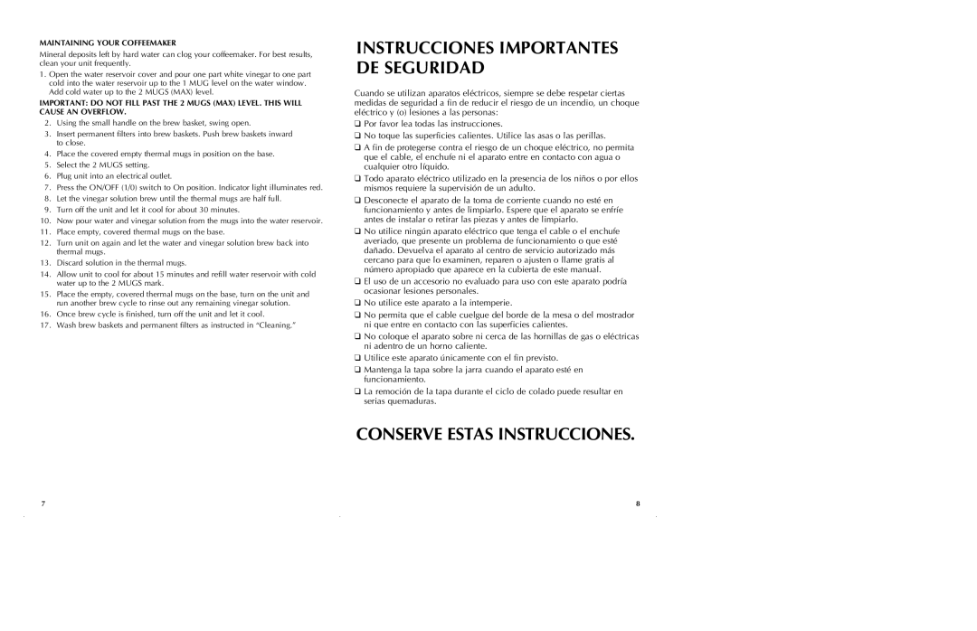 Black & Decker DDCM200 manual Instrucciones Importantes DE Seguridad, Maintaining Your Coffeemaker 