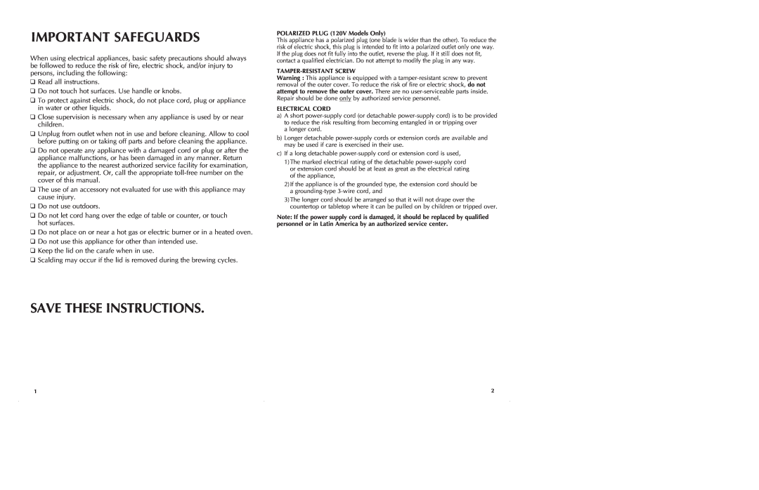 Black & Decker DDCM200 manual Important Safeguards, Save These Instructions 