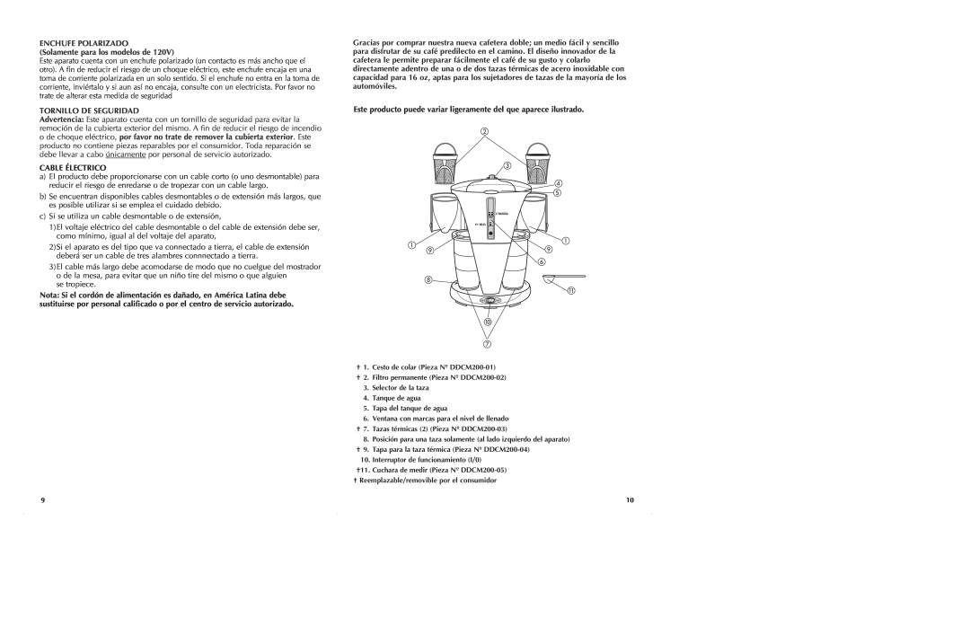 Black & Decker DDCM200 manual ENCHUFE POLARIZADO Solamente para los modelos de, Tornillo De Seguridad, Cable Électrico 