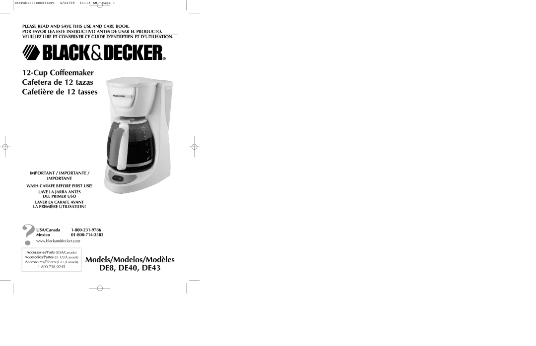 Black & Decker manual Models/Modelos/Modèles DE8, DE40, DE43, USA/Canada Mexico 