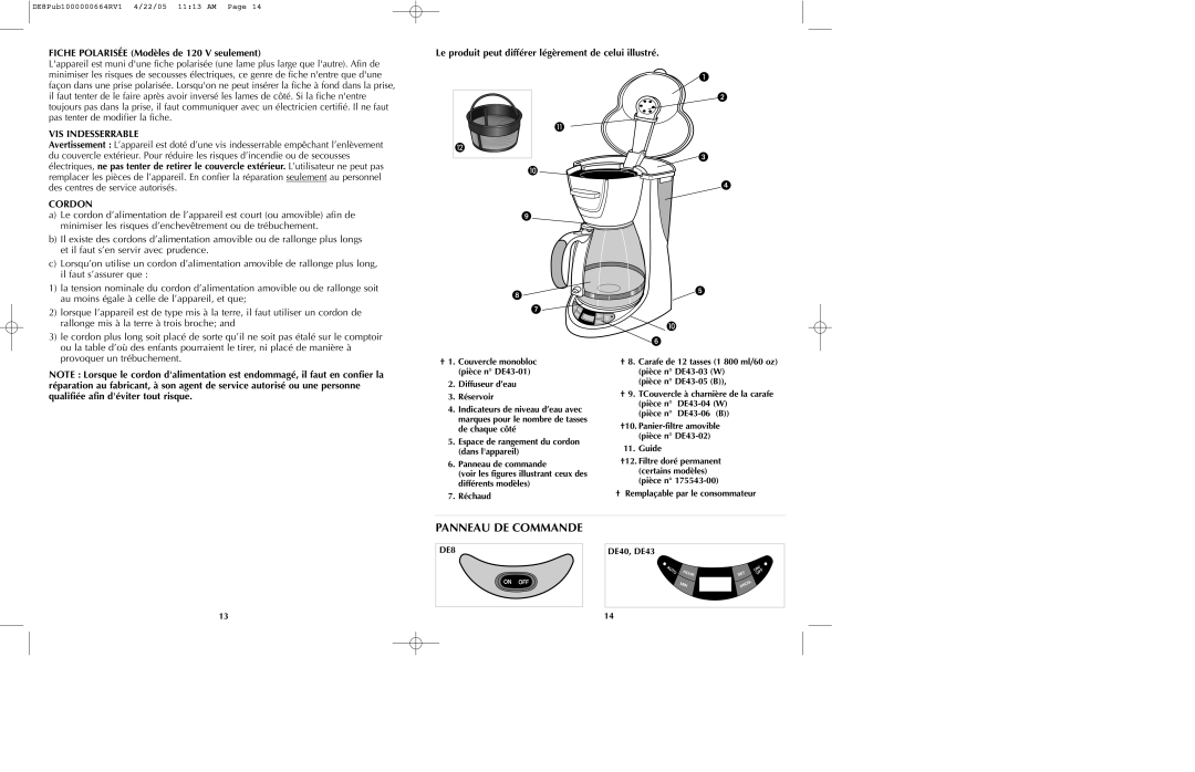 Black & Decker DE8, DE43, DE40 manual Fiche Polarisée Modèles de 120 V seulement, VIS Indesserrable, Cordon 