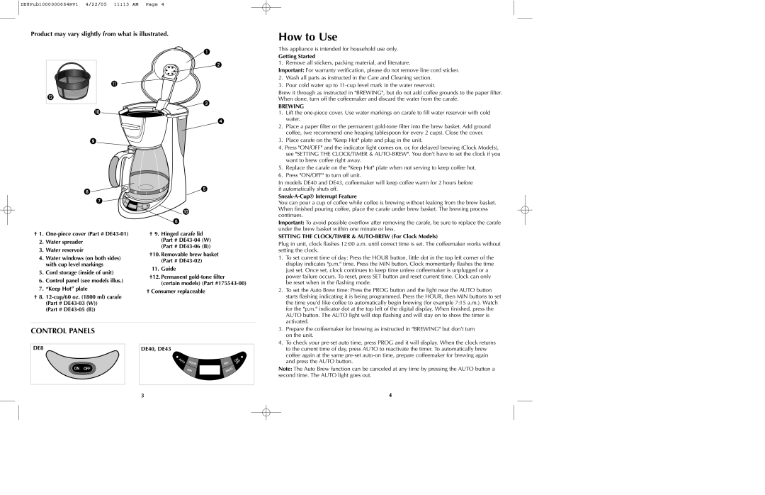 Black & Decker DE43, DE40, DE8 manual How to Use, Control Panels 