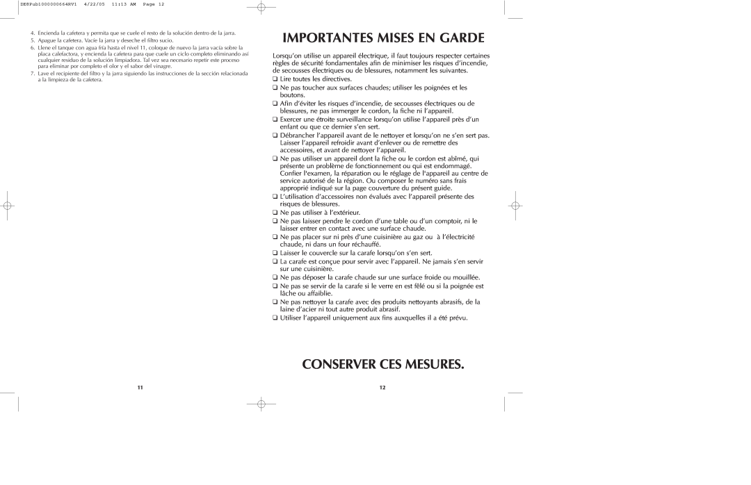 Black & Decker DE40, DE43, DE8 manual Importantes Mises En Garde, Conserver Ces Mesures 