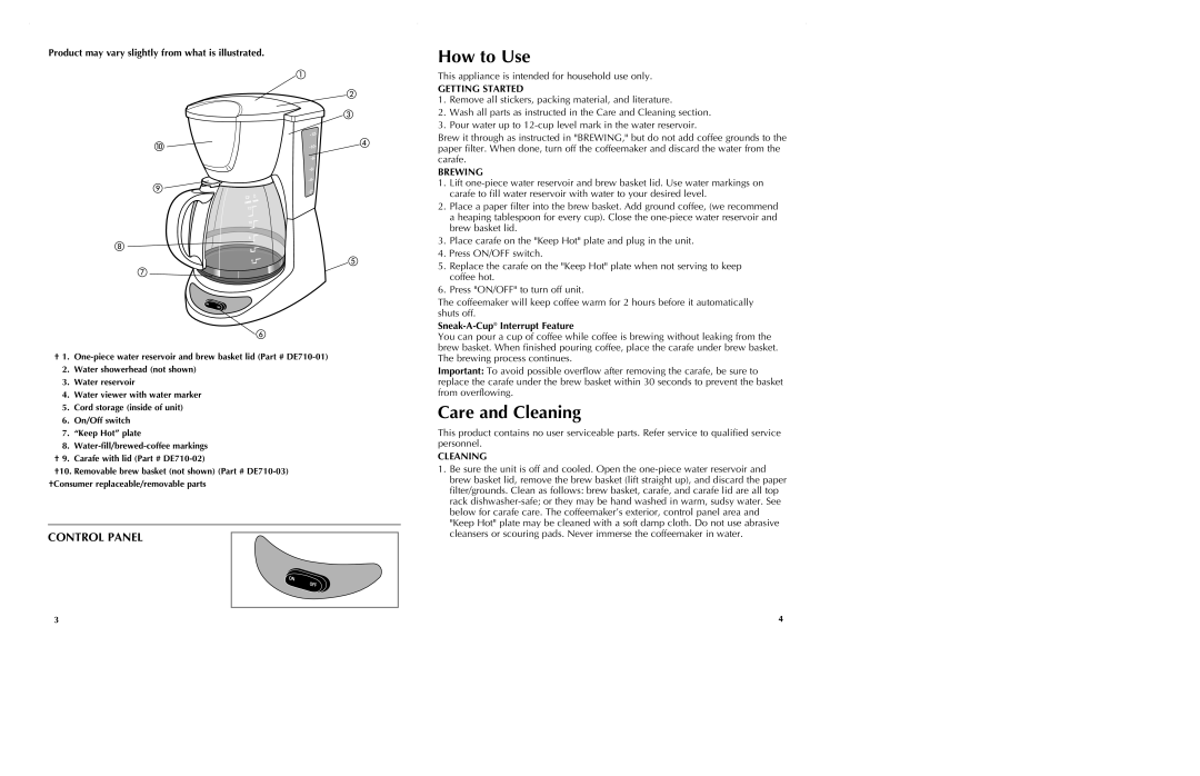 Black & Decker DE710 manual How to Use, Care and Cleaning, Getting Started, Brewing 