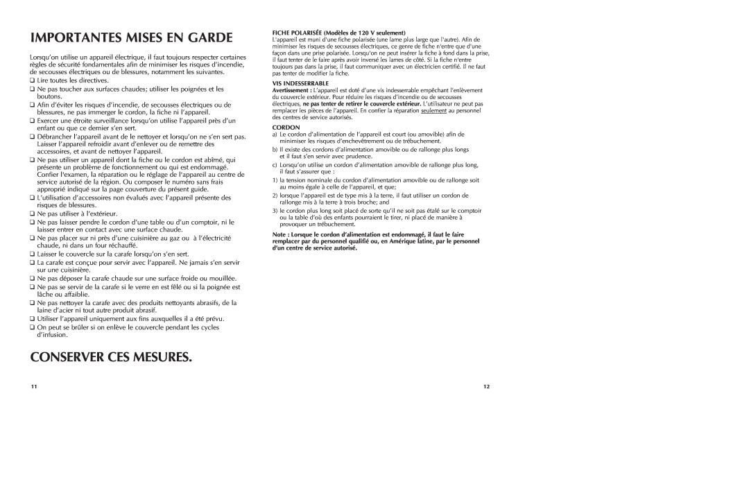 Black & Decker DE710 manual Importantes Mises En Garde, Conserver Ces Mesures 