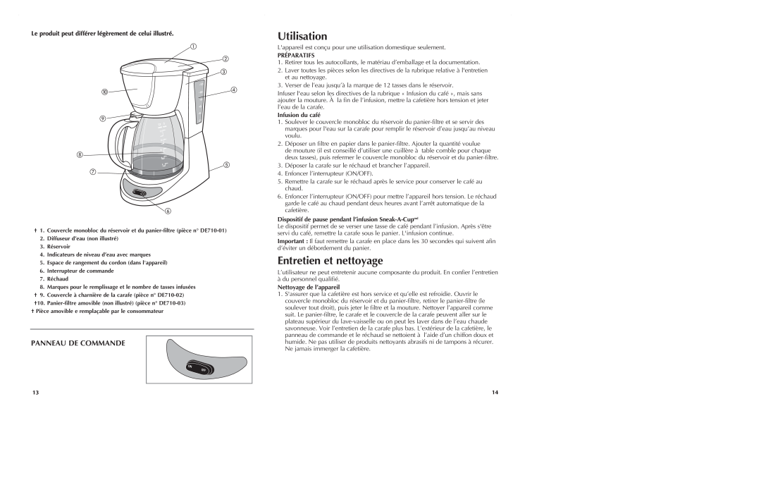 Black & Decker DE710 manual Utilisation, Entretien et nettoyage, Panneau De Commande, Préparatifs, Infusion du café 