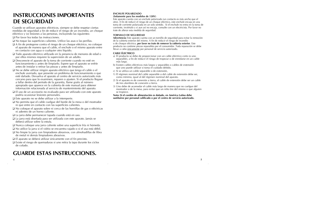 Black & Decker DE711 manual Instrucciones Importantes DE Seguridad, Cable Électrico 