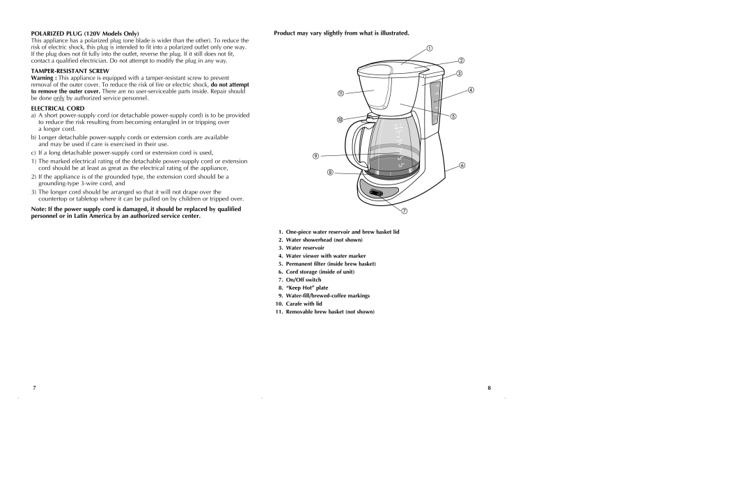 Black & Decker DE711 manual Polarized Plug 120V Models Only, TAMPER-RESISTANT Screw Electrical Cord 