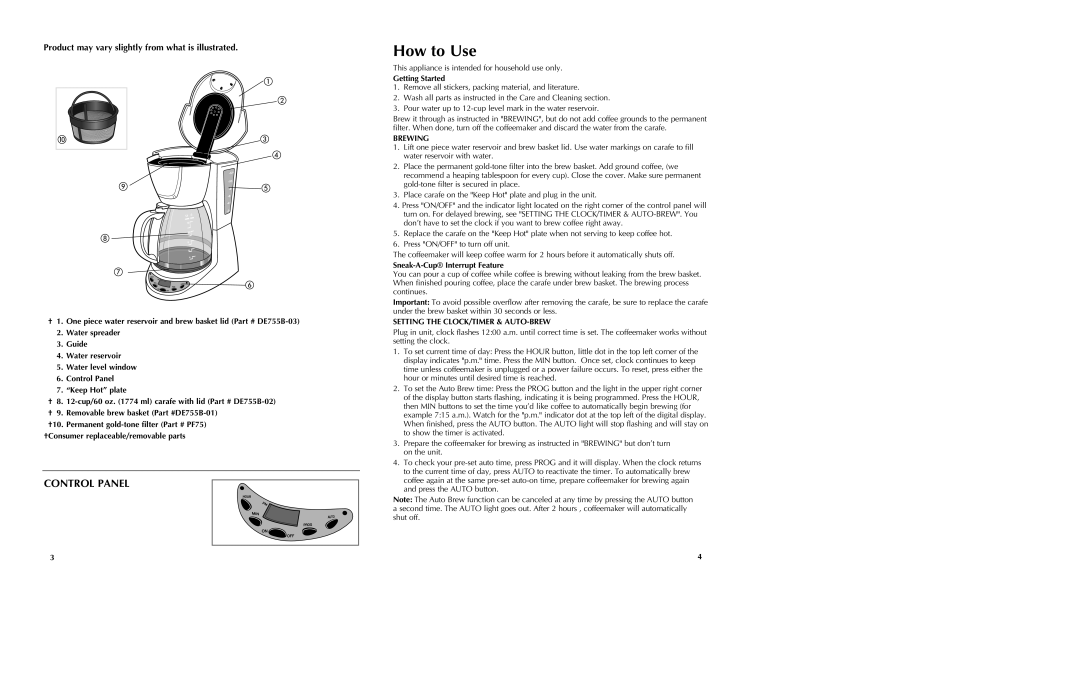 Black & Decker DE755B manual How to Use, Product may vary slightly from what is illustrated, Brewing 