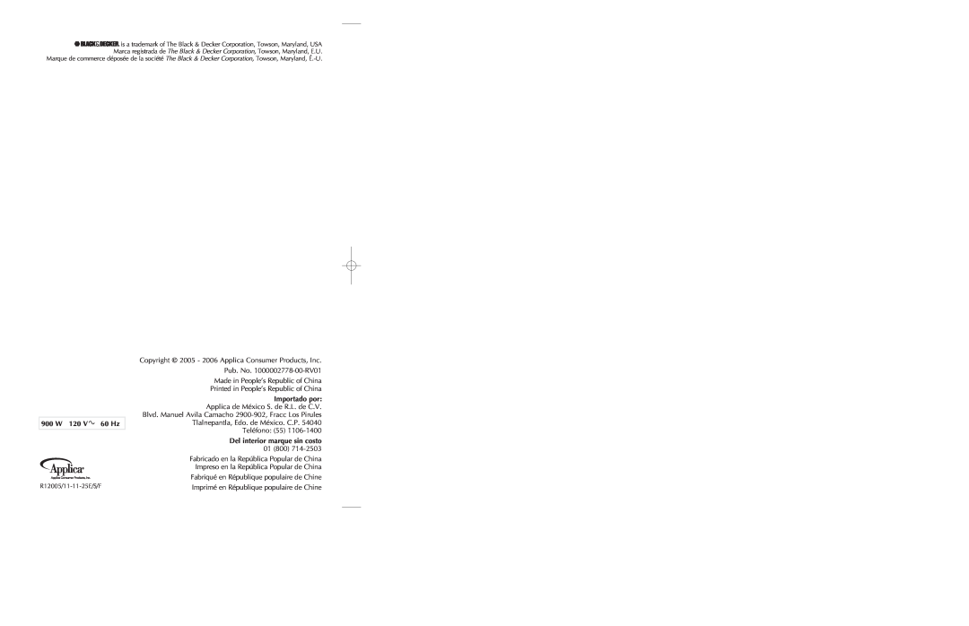 Black & Decker DE755B manual 900 W 120 V 60 Hz, Importado por Applica de México S. de R.L. de C.V 