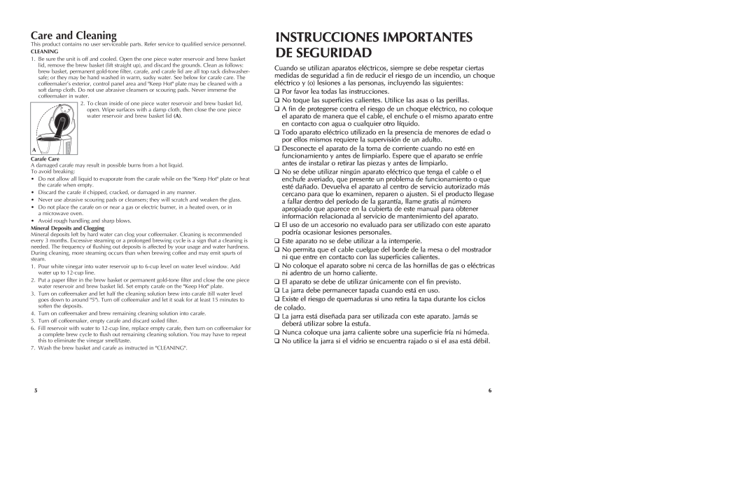 Black & Decker DE755B manual Care and Cleaning, Instrucciones Importantes De Seguridad 