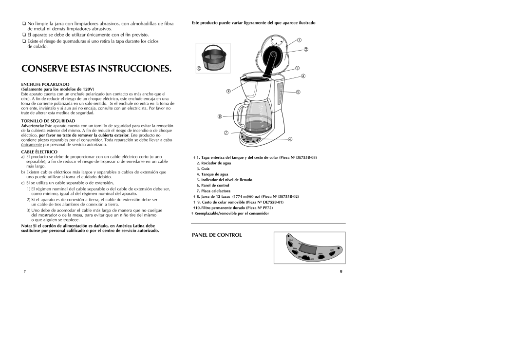 Black & Decker DE755B Conserve Estas Instrucciones, Panel De Control, ENCHUFE POLARIZADO Solamente para los modelos de 