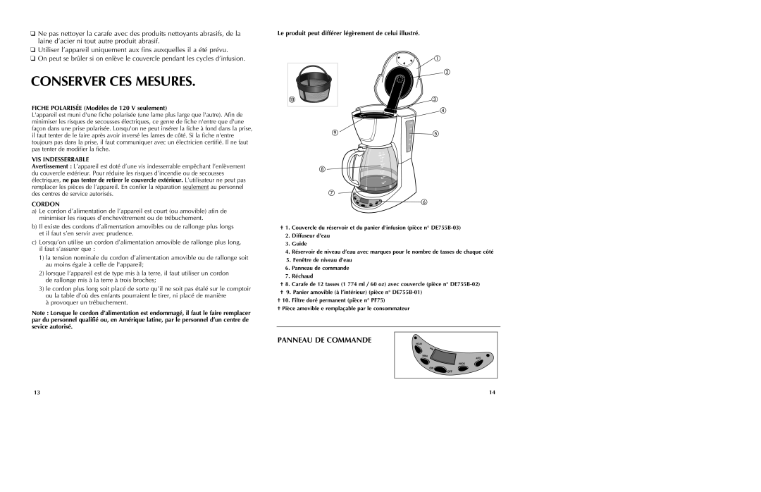 Black & Decker DE755 manual Conserver Ces Mesures, Panneau De Commande, FICHE POLARISÉE Modèles de 120 V seulement, Cordon 
