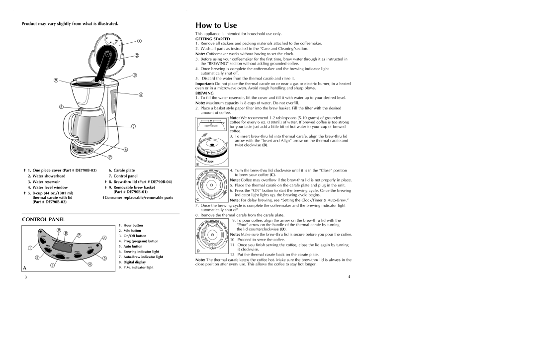 Black & Decker DE790B manual How to Use, Control Panel, Product may vary slightly from what is illustrated, Getting Started 