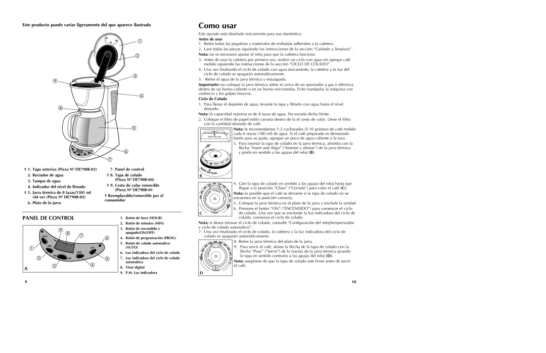 Black & Decker DE790B manual Como usar, Panel DE Control, Antes de usar, Ciclo de Colado 