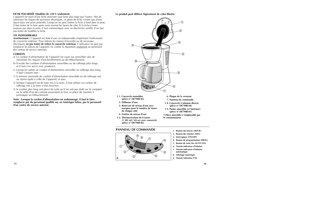 Black & Decker DE790B manual Panneau DE Commande, Fiche Polarisée Modèles de 120 V seulement, VIS Indesserrable, Cordon 